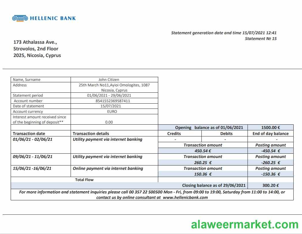 Cyprus Hellenic bank statement template in Word and PDF format